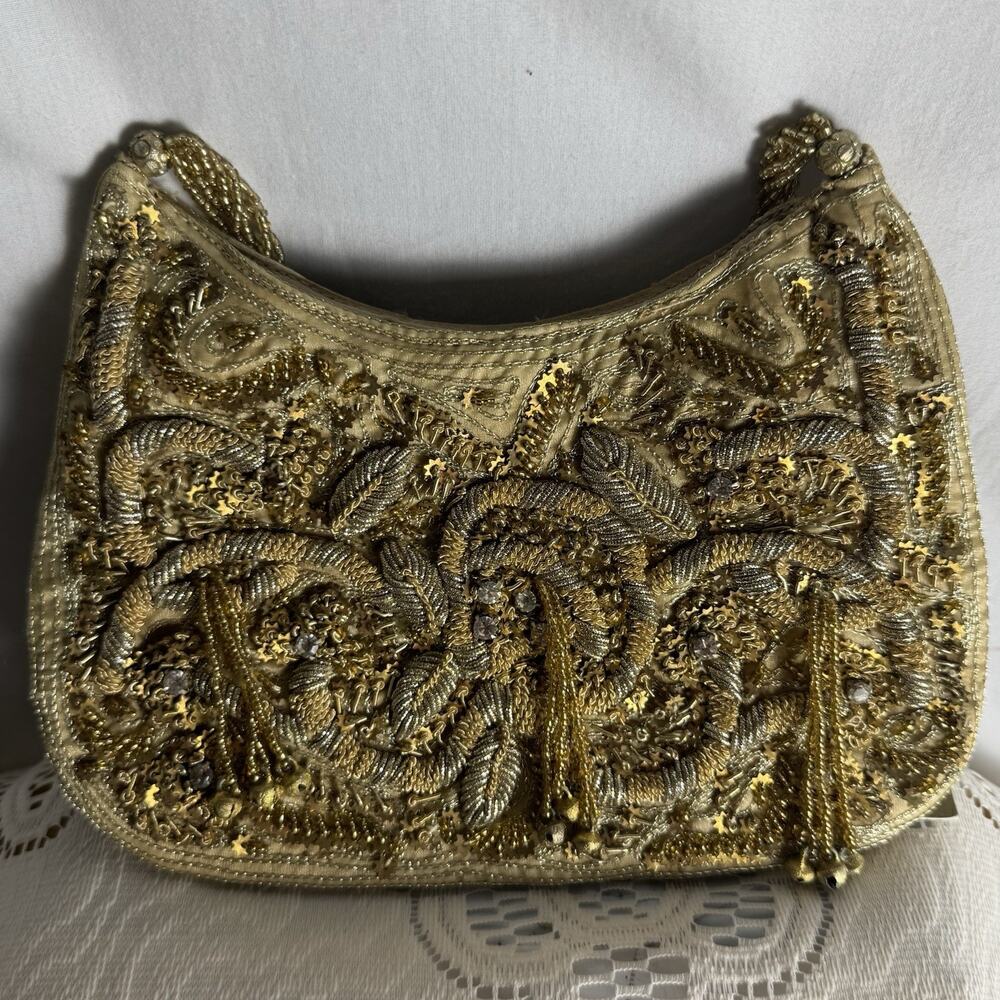 Antiqued Gold Embellished Fabric Beaded Bag Decorative Beaded Strap NWT